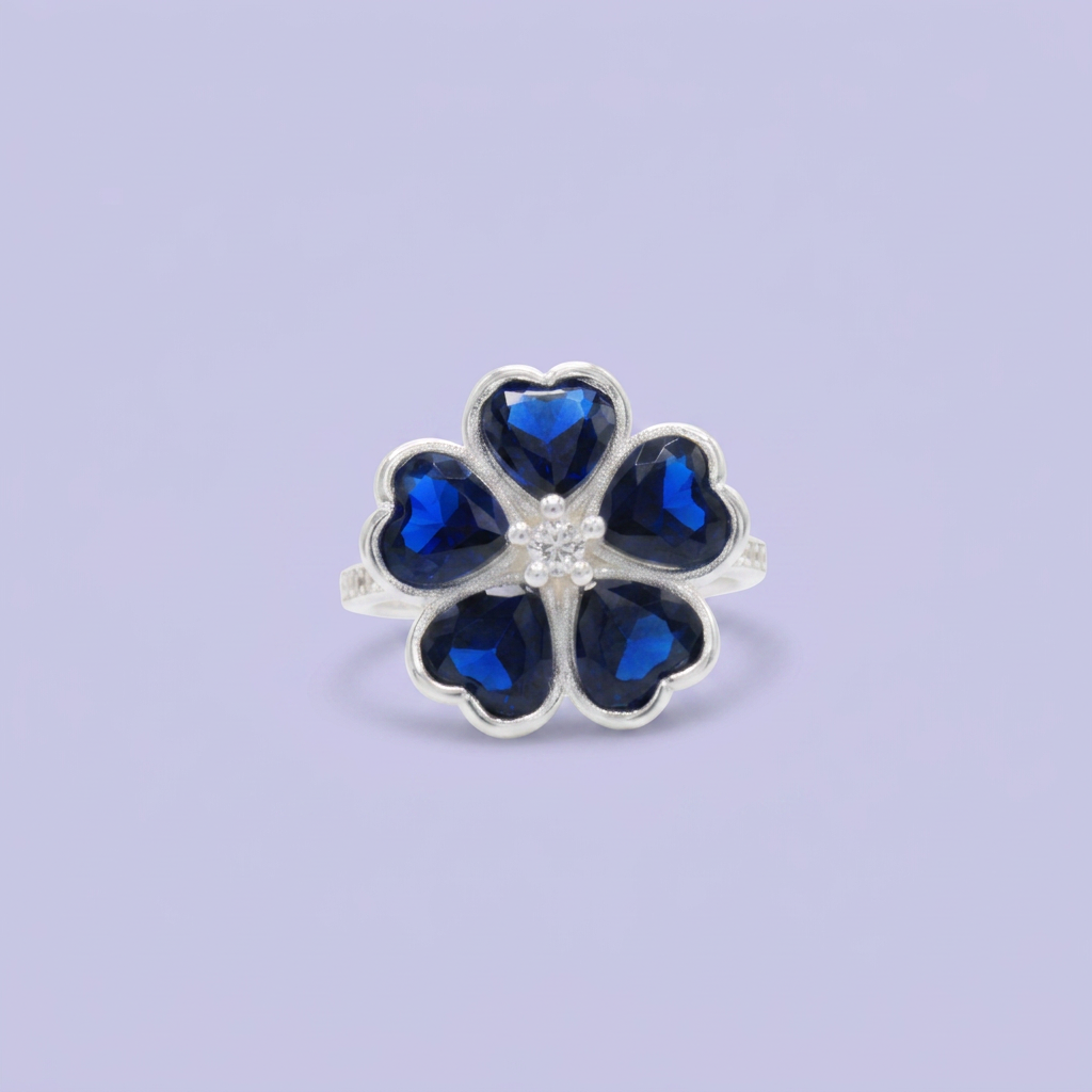Anillo de Plata .9025 Diseño de Flor de Trebol con Zirconia Azul mod. 2794