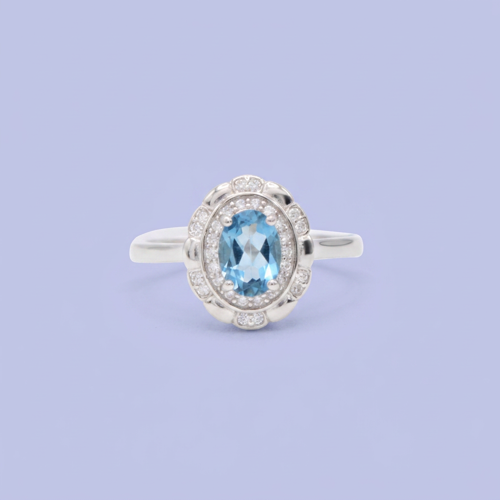 Coordinado de Plata .925  Con Diseño Oval Azul Cielo e Incrustación de Zirconias mod. 2952