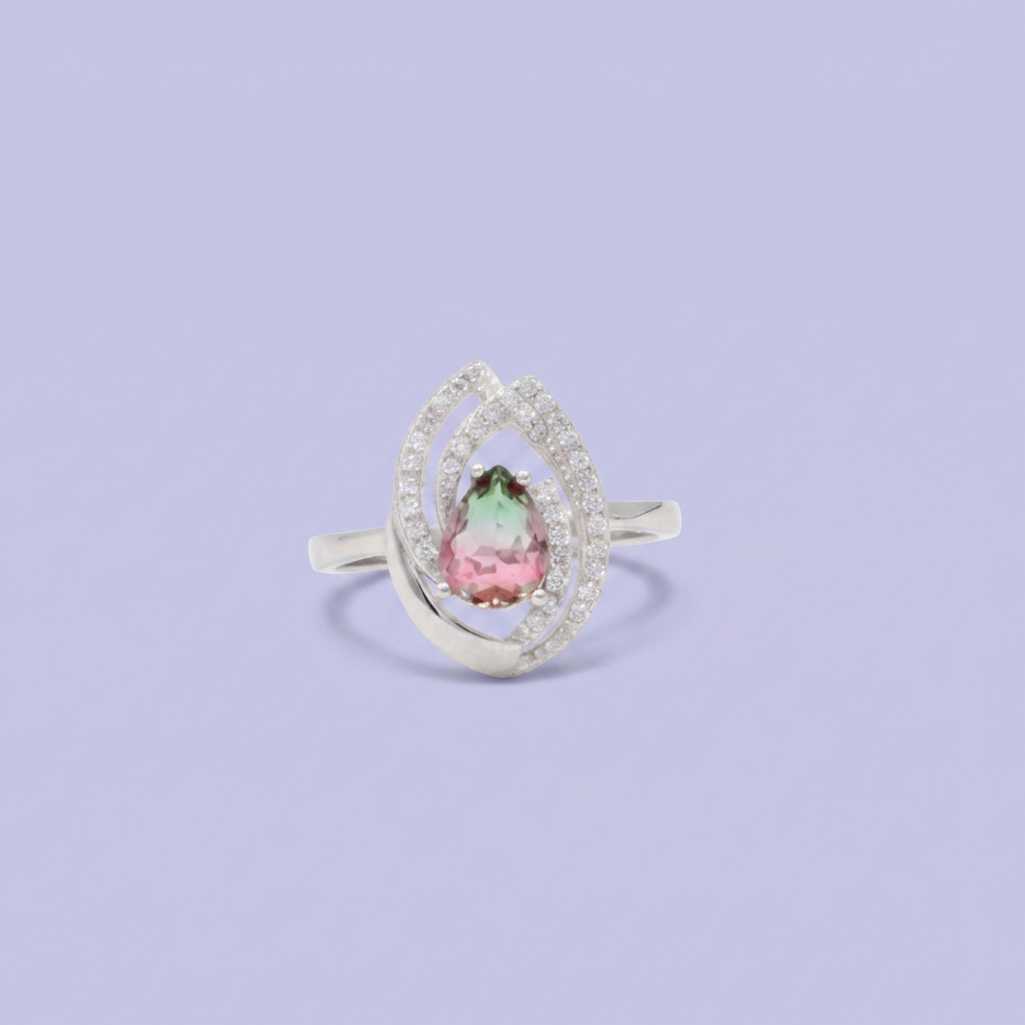 Coordinado de Plata .925 Pétalo Doble Fucsia y Verde con Incrustación de Zirconias mod. 2947