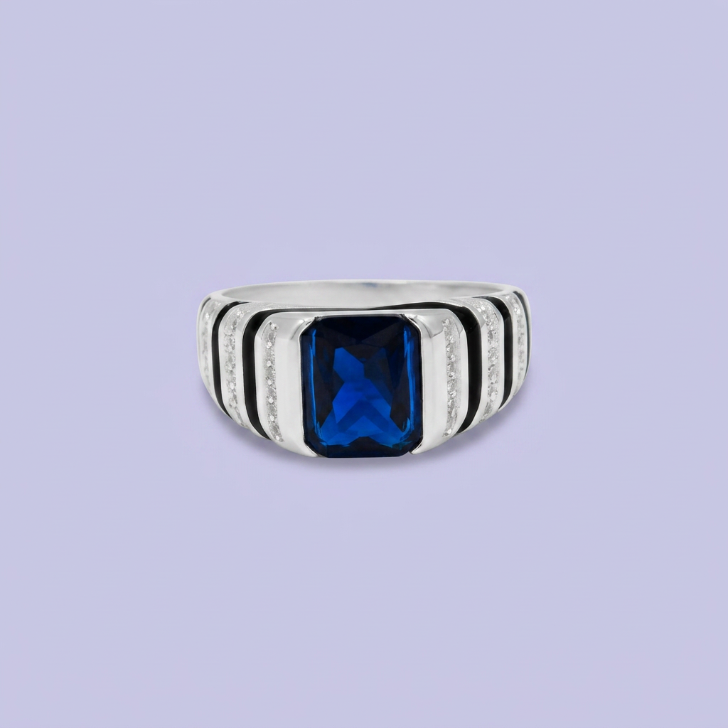 Anillo de Plata .925 Diseño Rayado con Zirconia Color Azul Zafiro mod. 2666