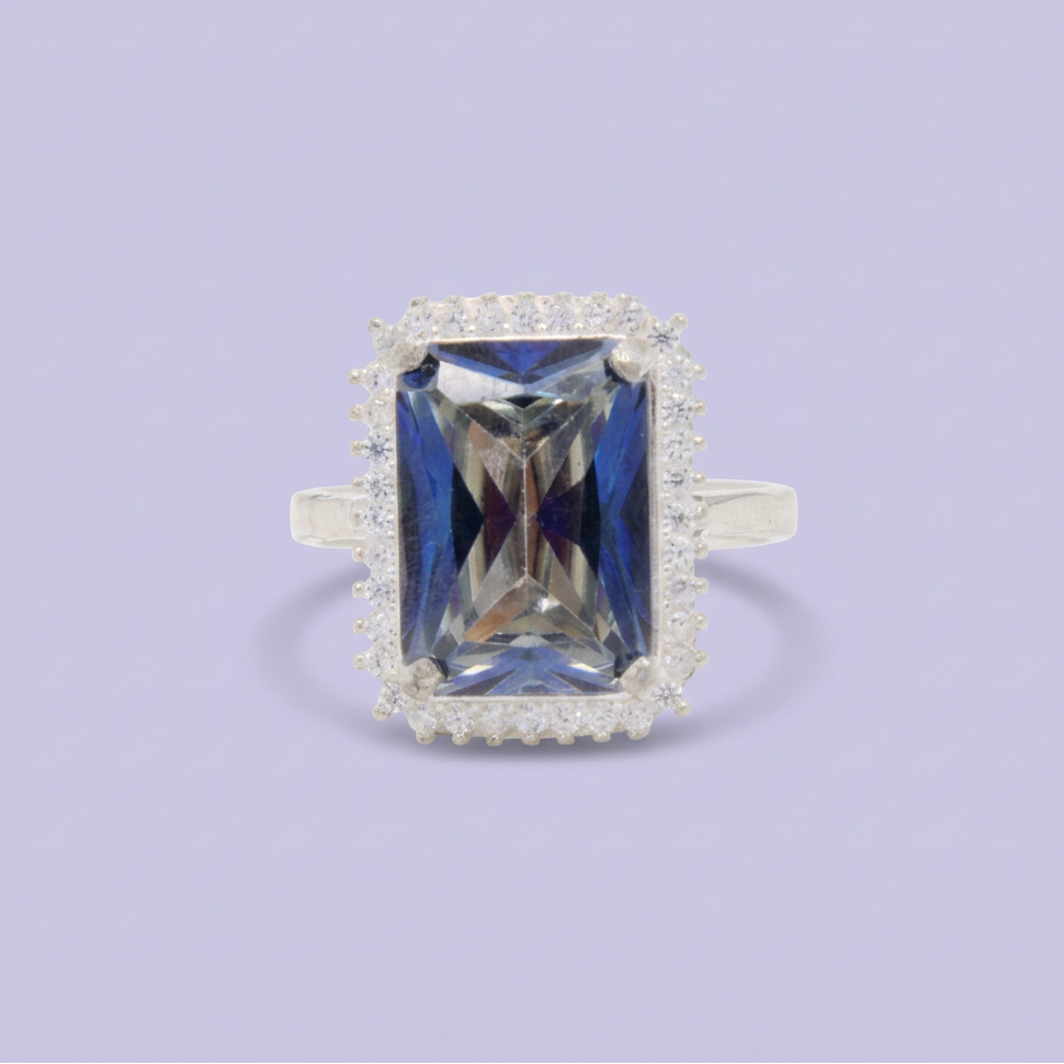 Anillo de Plata .925 Diseño Rectangular Grande con Zirconia Color Azul Marino mod. 3107