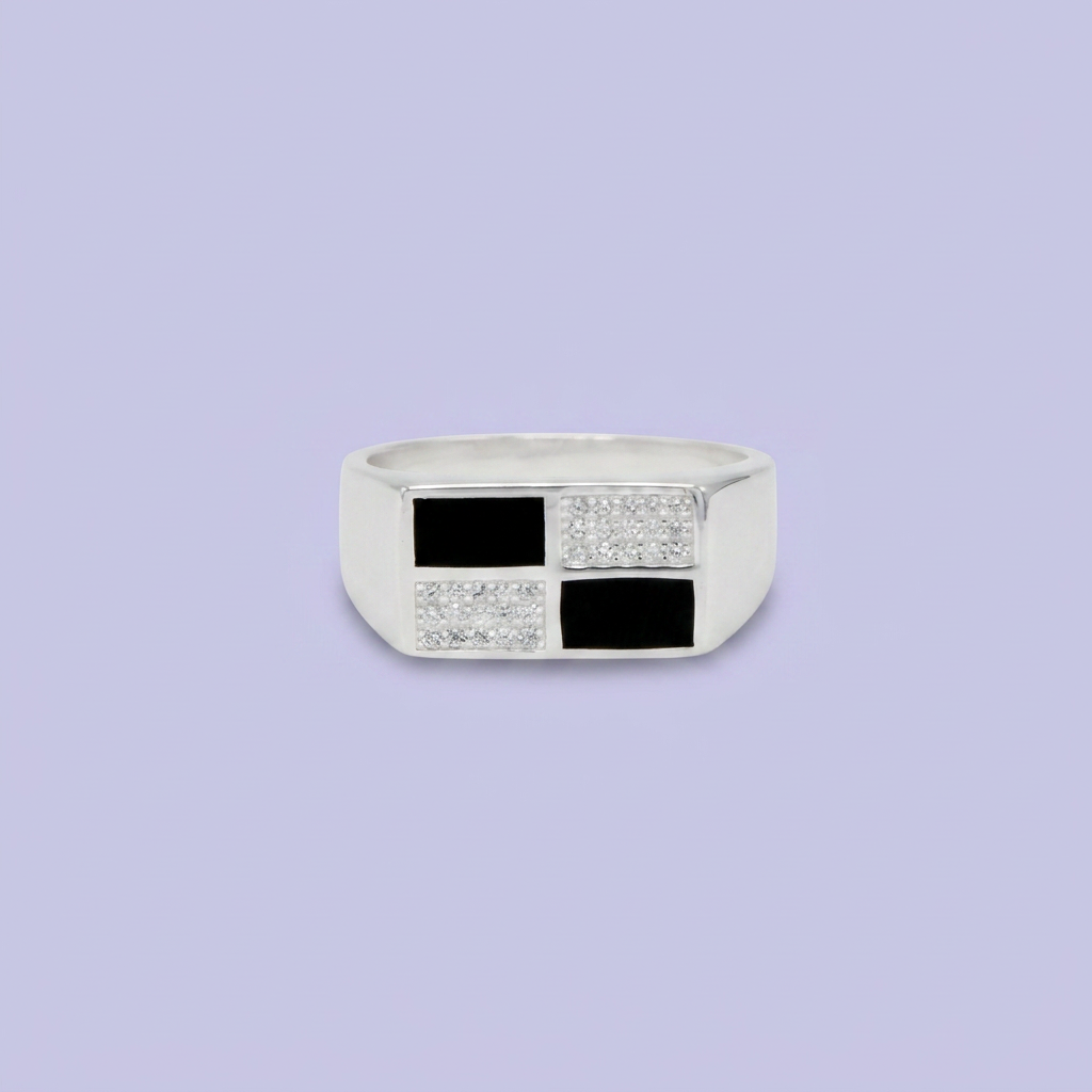 Anillo de Plata .925 Diseño Cuadricular con Esmalte Oscuro y Zirconias mod. 2669