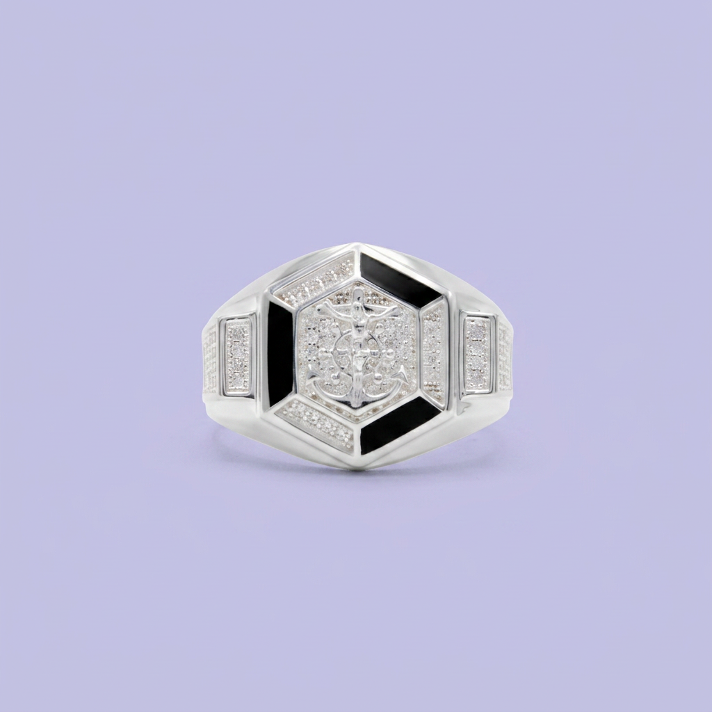 Anillo de Plata .925 Diseño de Ancla en Hexágono Incrustado con Zirconias mod. 2581