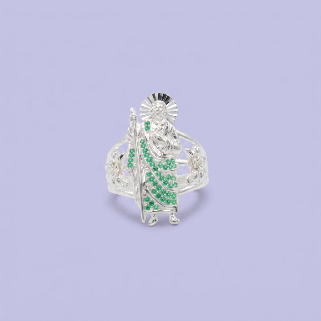Anillo de Plata .925 con Figura de San Judas Incrustado con Zirconias Verdes mod. 2574