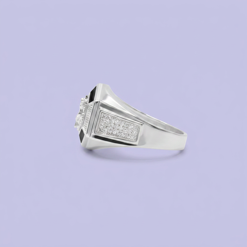 Anillo de Plata .925 Diseño de Ancla en Hexágono Incrustado con Zirconias mod. 2581