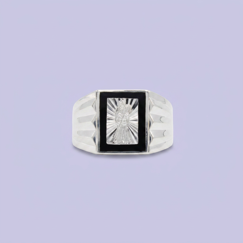 Anillo de Plata .925 San Judas en Bisel Oscuro con Fondo Diamantado mod. 2576