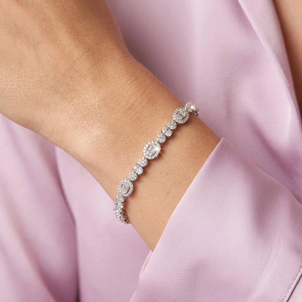 Pulsera de Plata .925 Tejido Elegante de Eslabones Incrustados con Zirconias mod. 3078