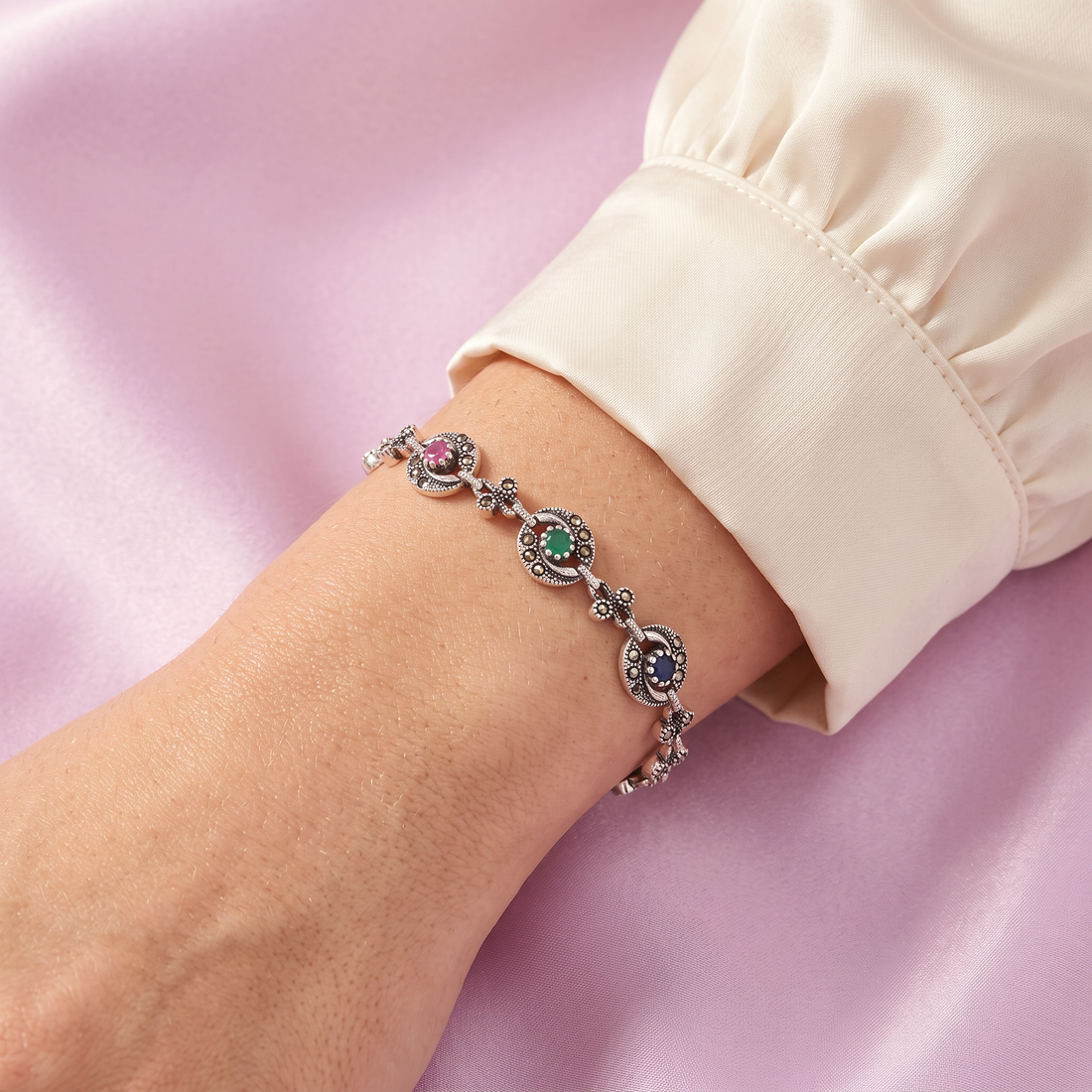 Pulsera de Plata .925 Diseño de Eslabones Especiales Incrustados con Marquesitas mod. 3164