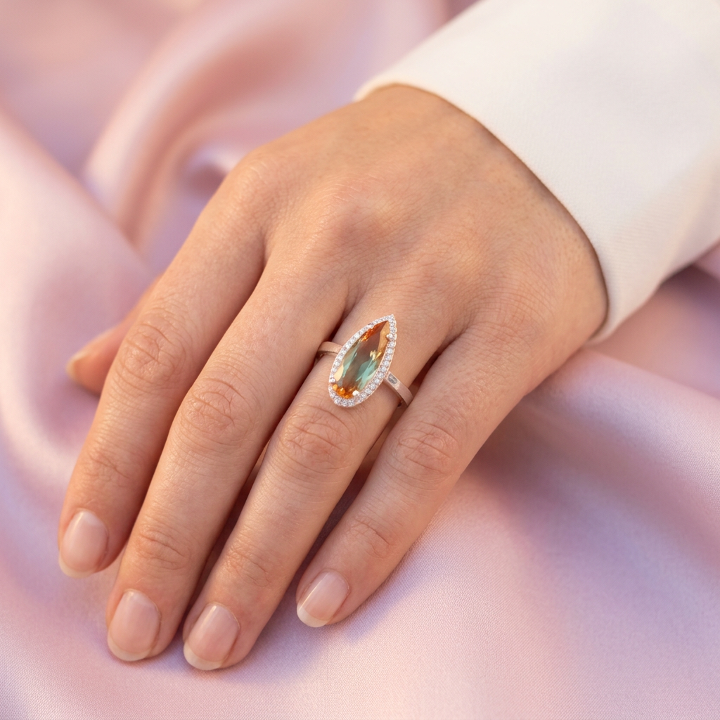 Anillo de Plata .925 con Diseño de Gota Fina y Zirconia Color Vede Menta mod. 3108