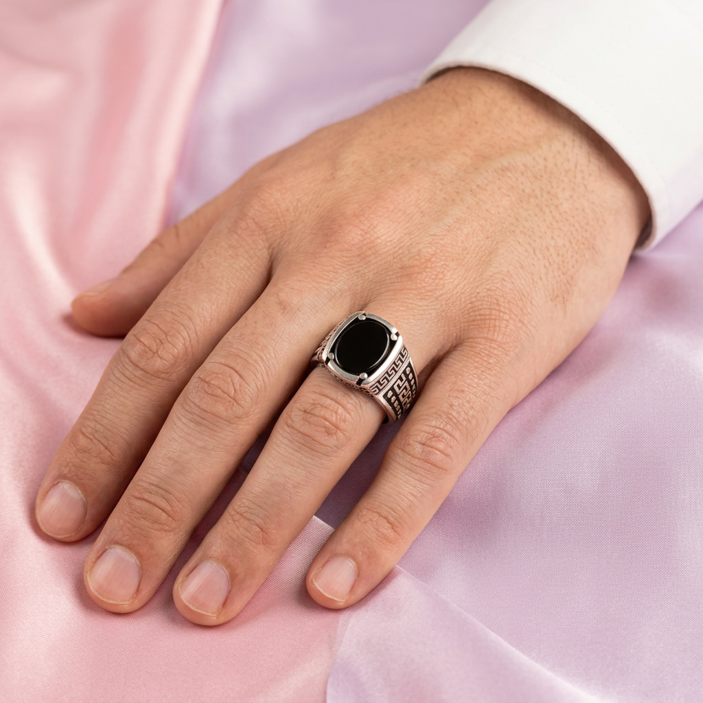 Anillo de Plata .925 Diseño con Grecas y Piedra Onix mod. 2843