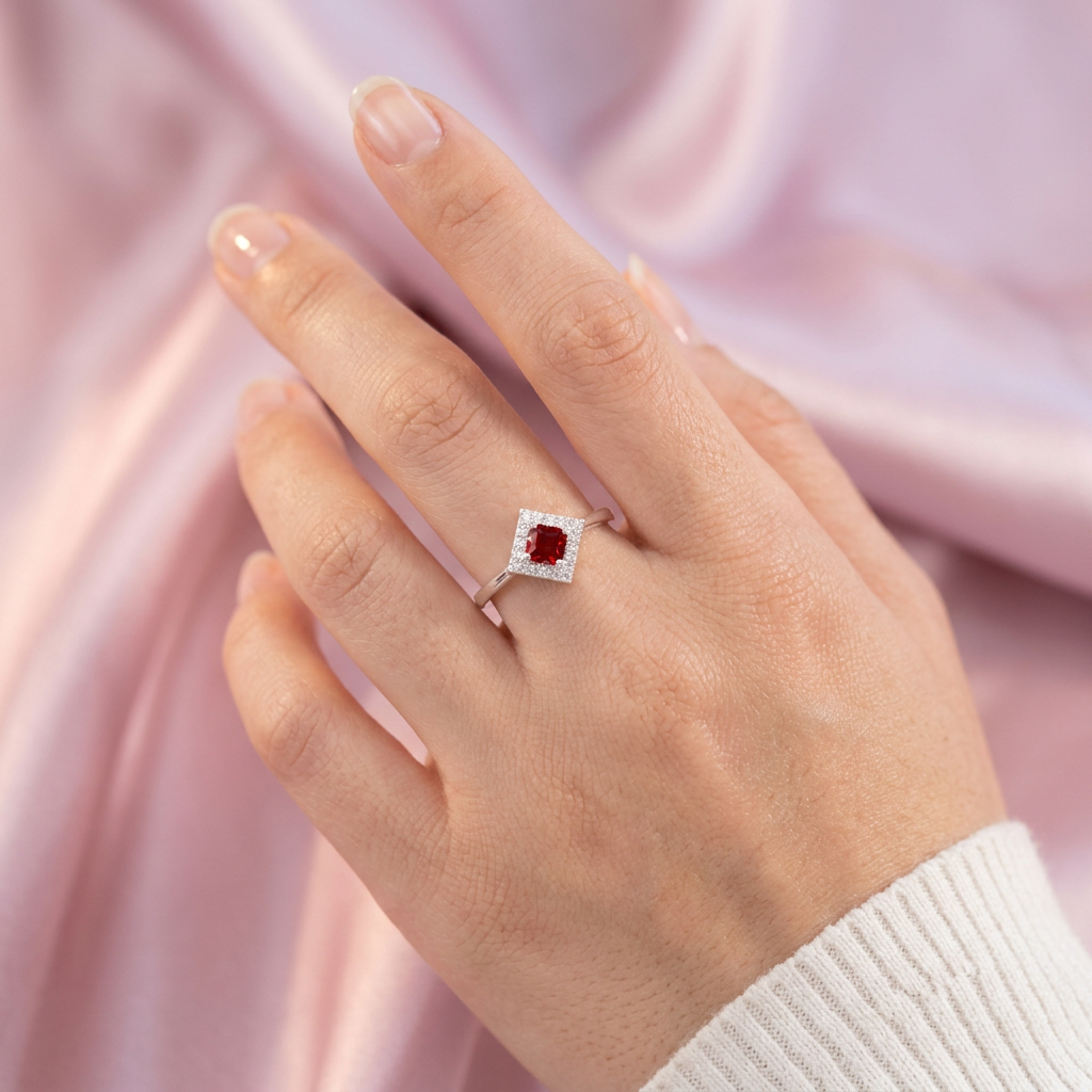 Anillo de Plata .925  con Diseño de Rombo Chico con Zirconia Roja mod. 3123