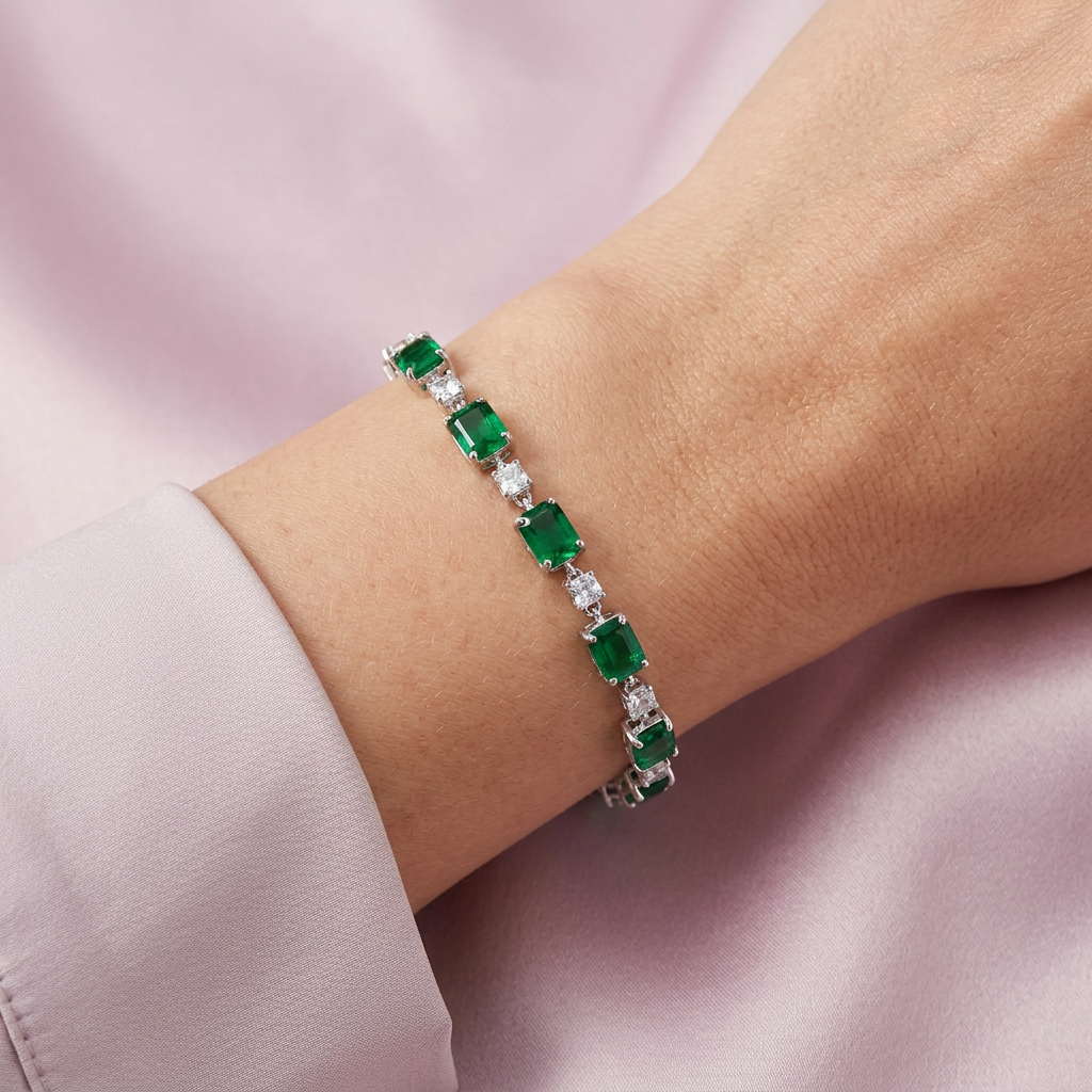 Pulsera de Plata .925 Tejido Tenis de Diseño Elegante con Zirconias de Color Verde Esmeralda mod. 2373