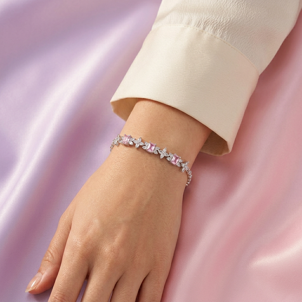 Pulsera de Plata .925 Tejido de Círculos con Eslabones de Zirconia Rosa y Tréboles Brillantes mod. 3089