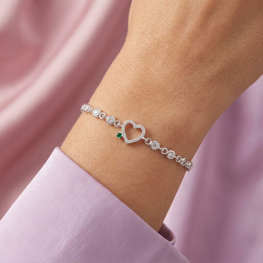Pulsera de Plata .925 de Corazón con Incrustación de Zirconia Verde mod. 3051