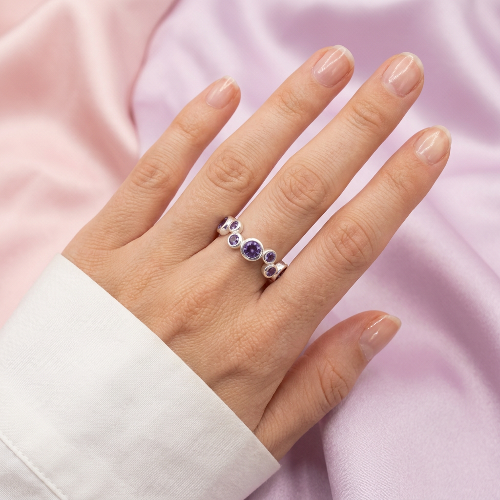 Anillo de Plata .925 con Diseño Aro Doble Tamaño con Zirconia Morada mod. 3101