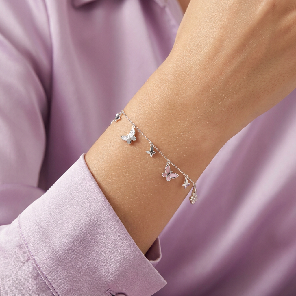 Pulsera de Plata .925 con Colgantes de Mariposas Rosas mod. 2677