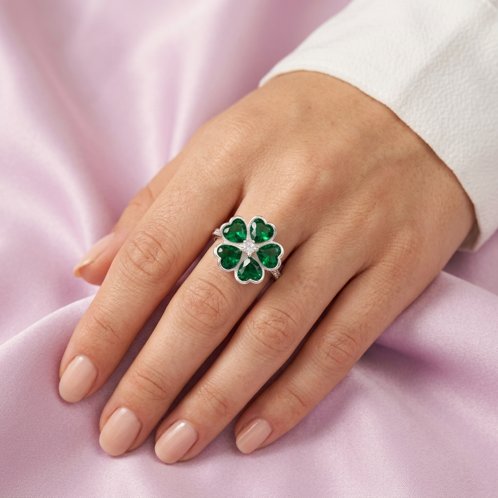 Anillo de Plata .925 Diseño de Flor de Trebol con Zirconia Verde mod. 2792