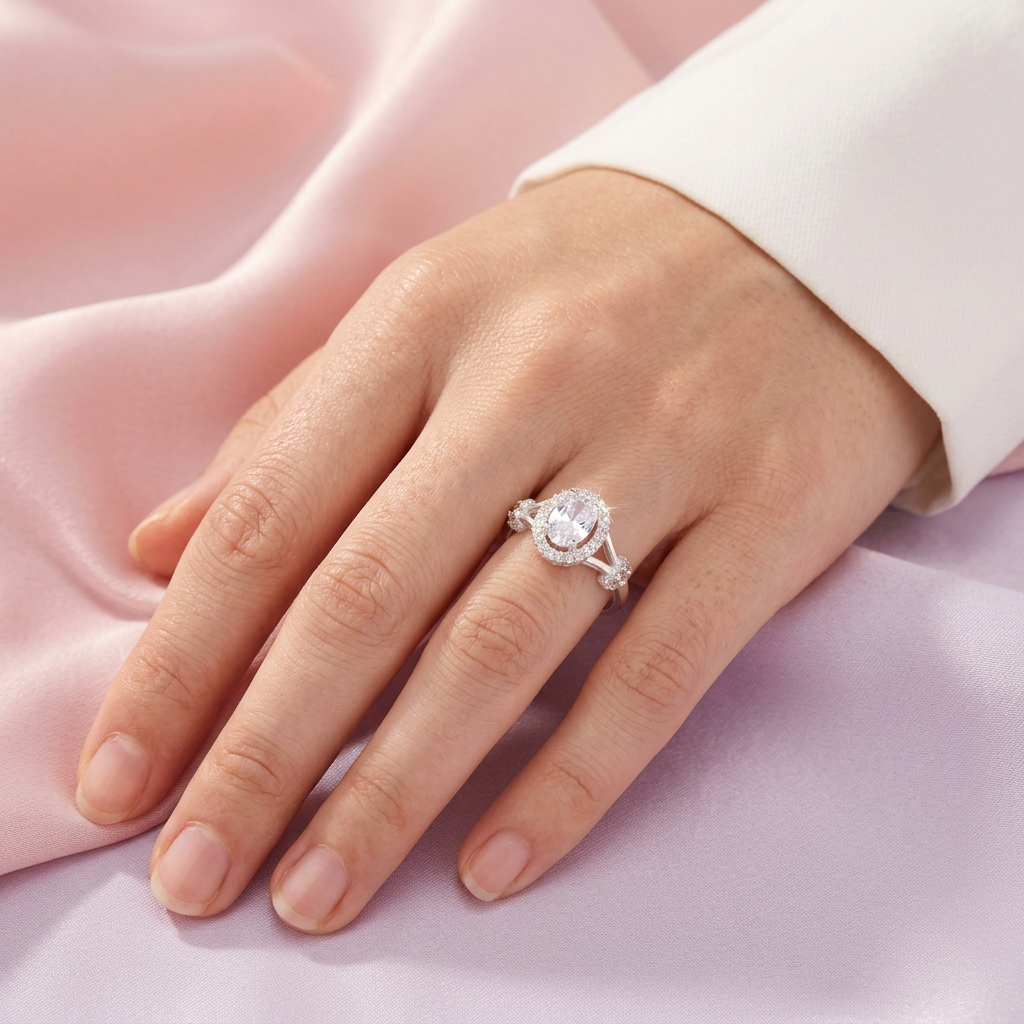Anillo de Plata .925  Oval con con Anillos en los Laterales y Zirconia Blanca mod. 3117