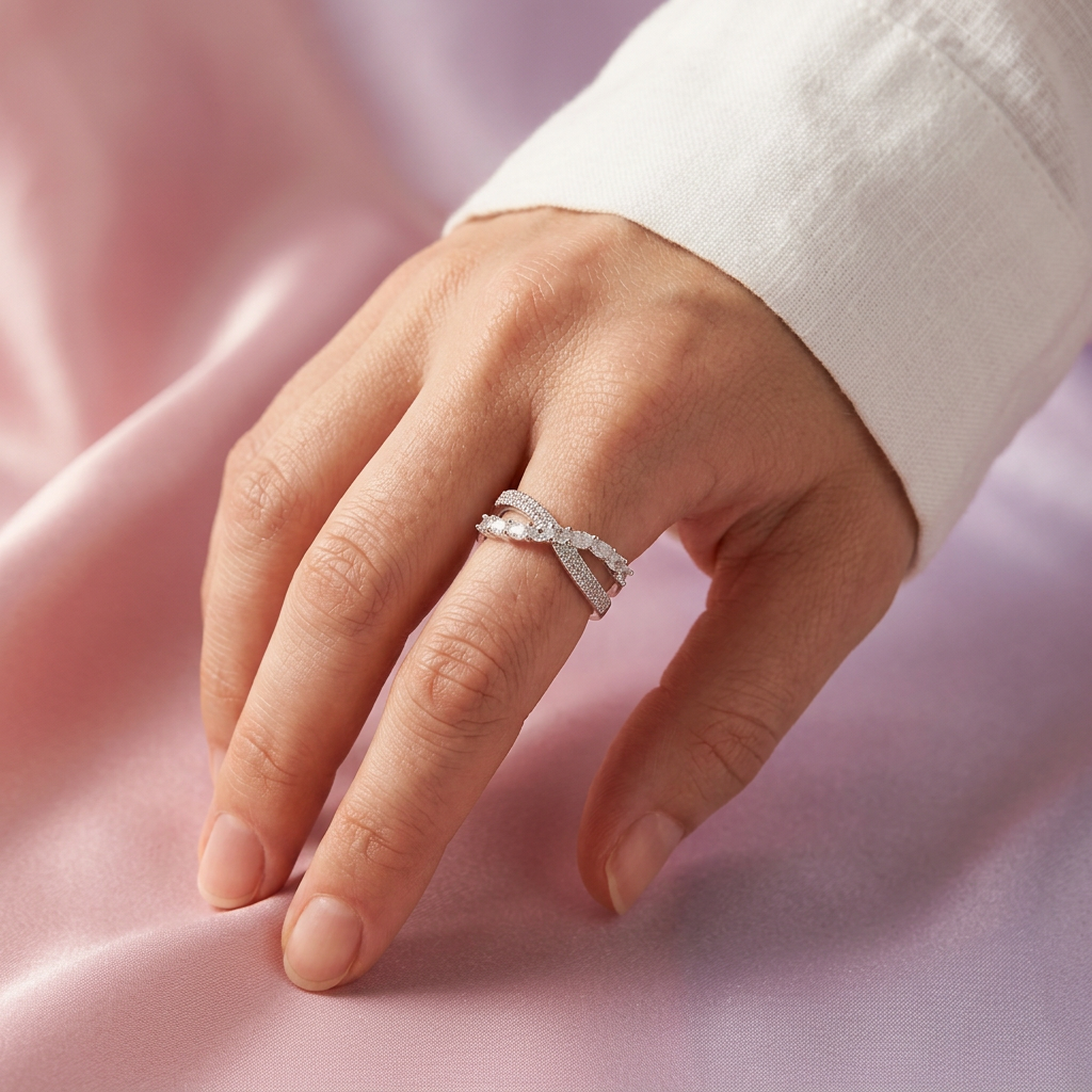 Anillo de Plata .925 de Diseño Cruzado con Incrustación Especial de Zirconias mod. 2900