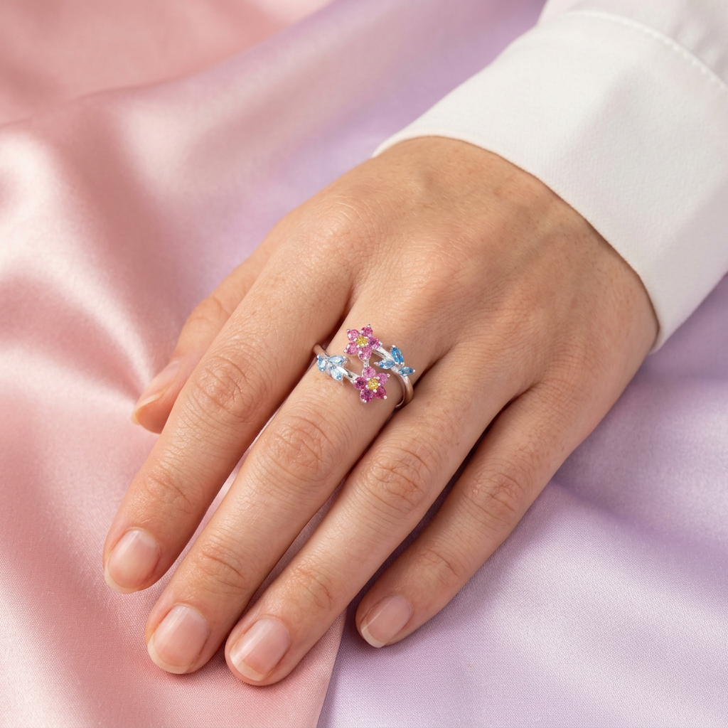 Anillo de Plata .925 Doble Flor de Zirconia Fucsia y detalles en Azul Cielo mod. 2799