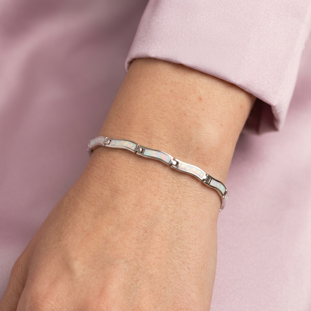 Pulsera de Plata .925 Tejido Curvo de Ópalo Blanco mod. 2865