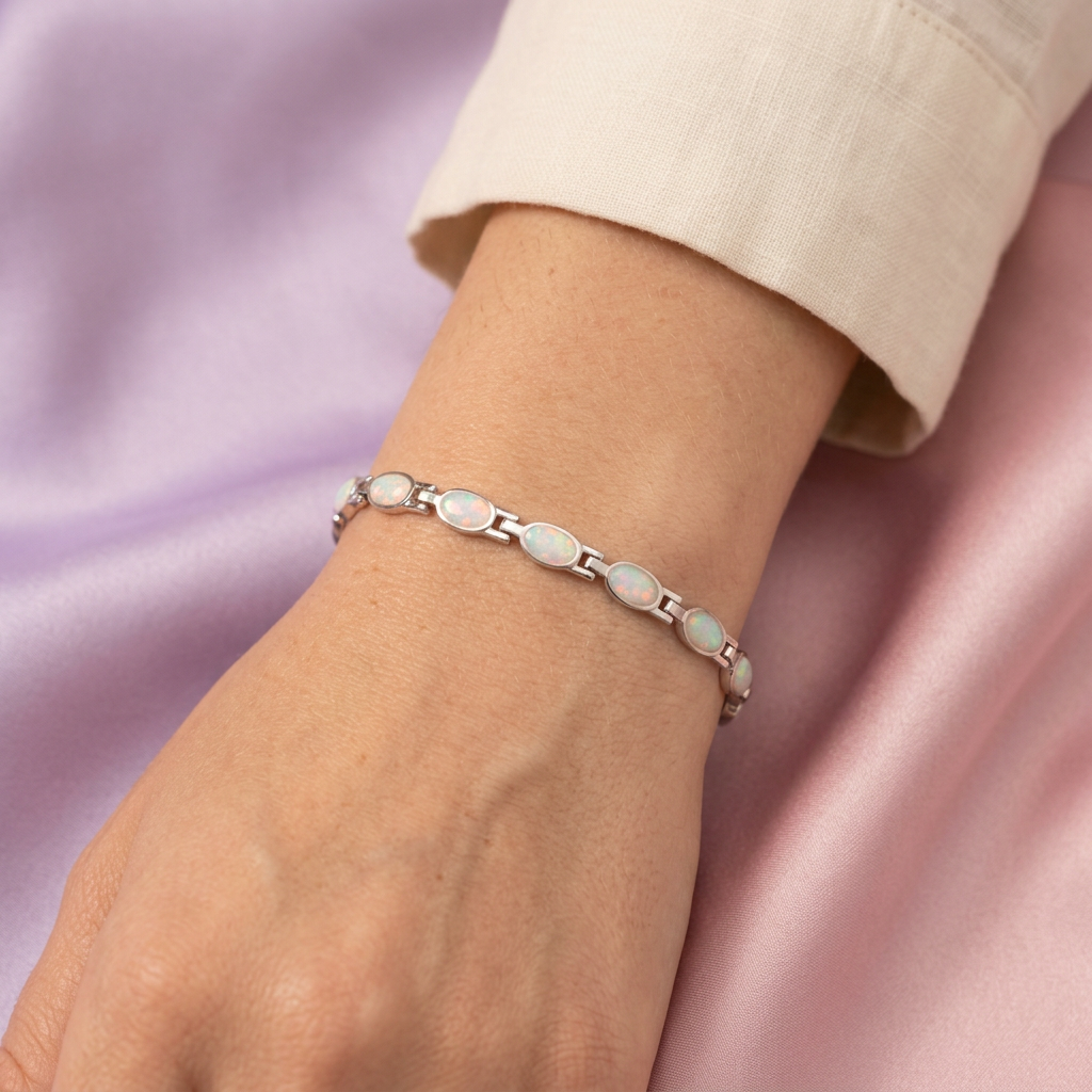 Pulsera de Plata .925 Tejido con Ovalos de Ópalo Blanco mod. 2864