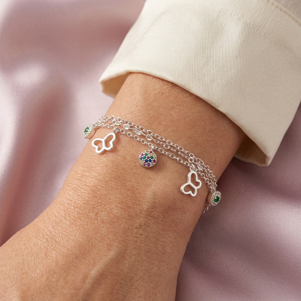 Pulsera de Plata .925 con Colgantes de Mariposas y Zirconias mod. 2285