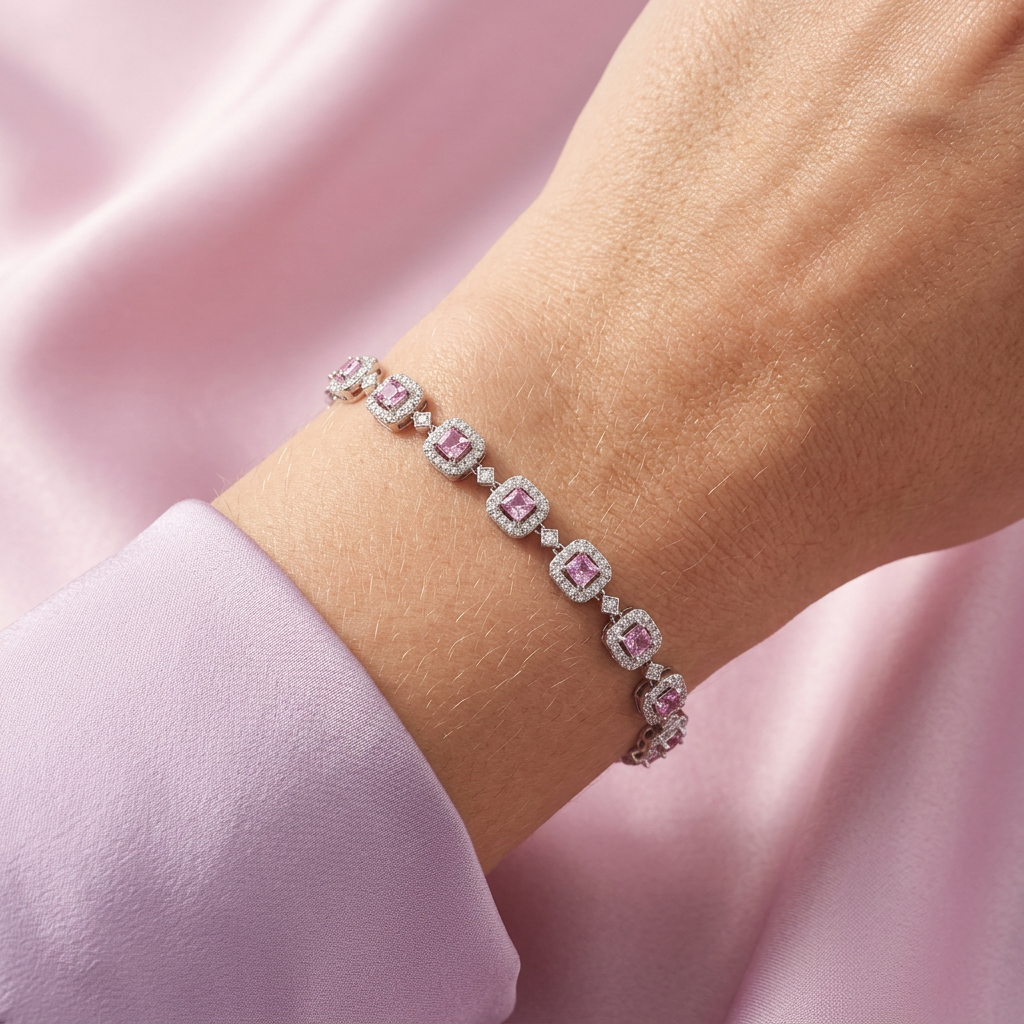 Pulsera de Plata .925 Tejido de Eslabones Cuadro con Zirconias Rosa mod. 3079