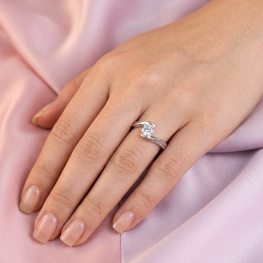 Anillo de Compromiso plata .925 con detalle Cruzado y Zirconia Cristalina mod. 2716