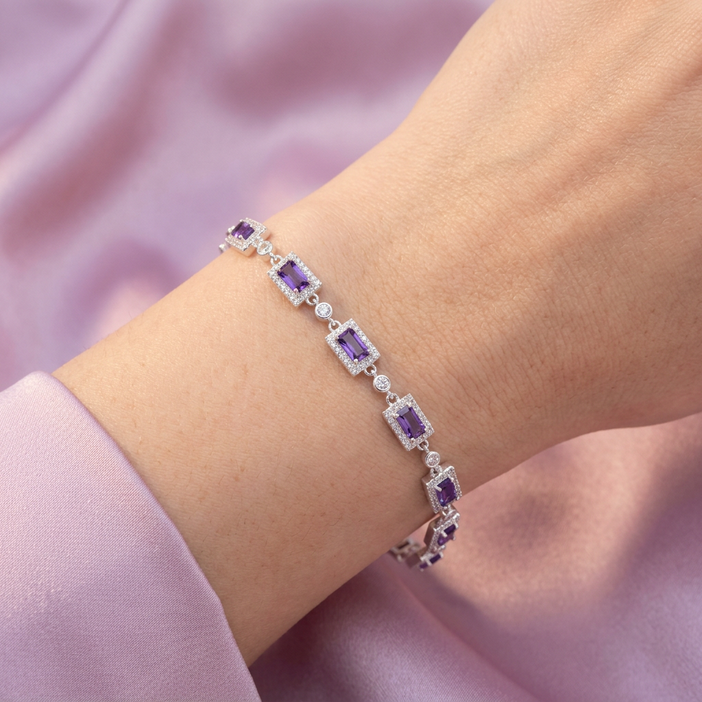 Pulsera de Plata .925 de Rectangulos con Incrustación de Zirconias Moradas mod. 3049