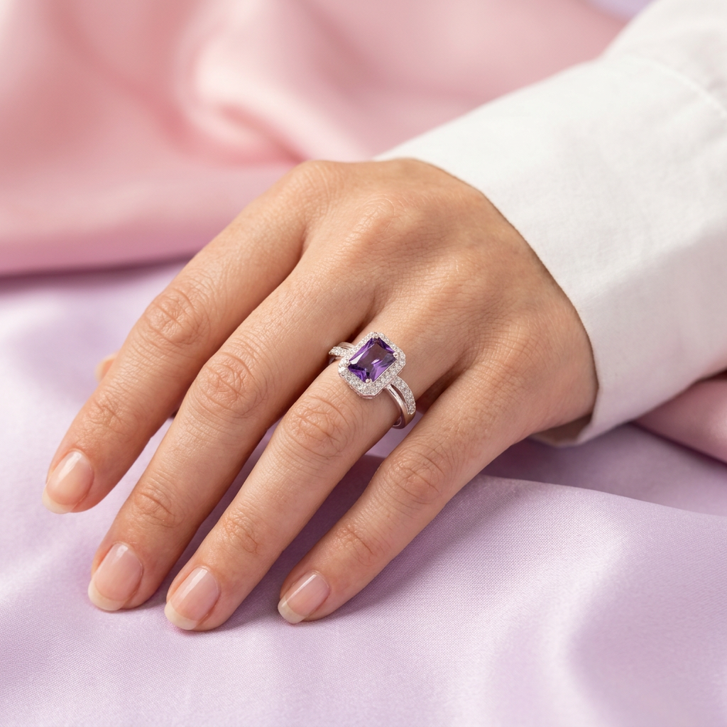 Anillo de Plata .925  Rectangular y Linea en S con Zirconia Morada mod. 3126