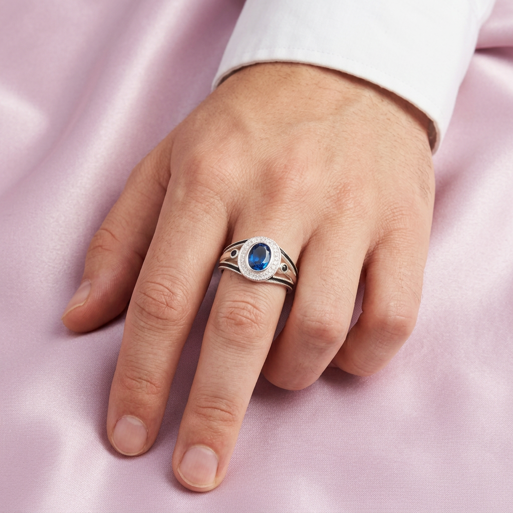 Anillo de Plata .925 Diseño Elegante con Zirconia Azul Marino en Bisel Brillante mod. 2579