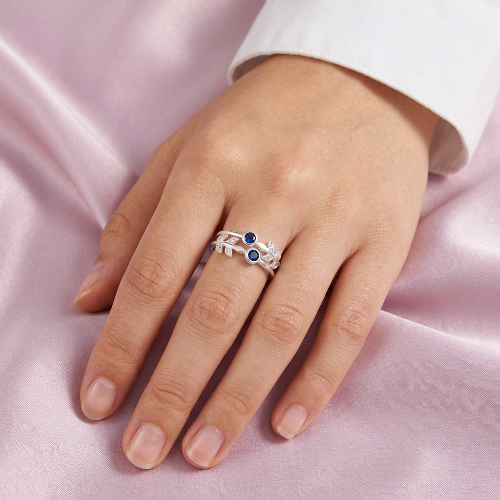Anillo de Plata .925 Diseño Doble Linea con Hojas y Zirconia Color Zafiro mod. 3102