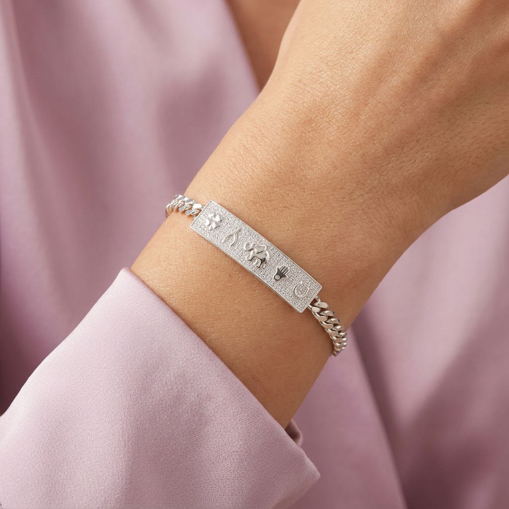 Pulsera de Plata .925 Tejido Barbado con Placa de la Fortuna con Zirconia mod. 2738