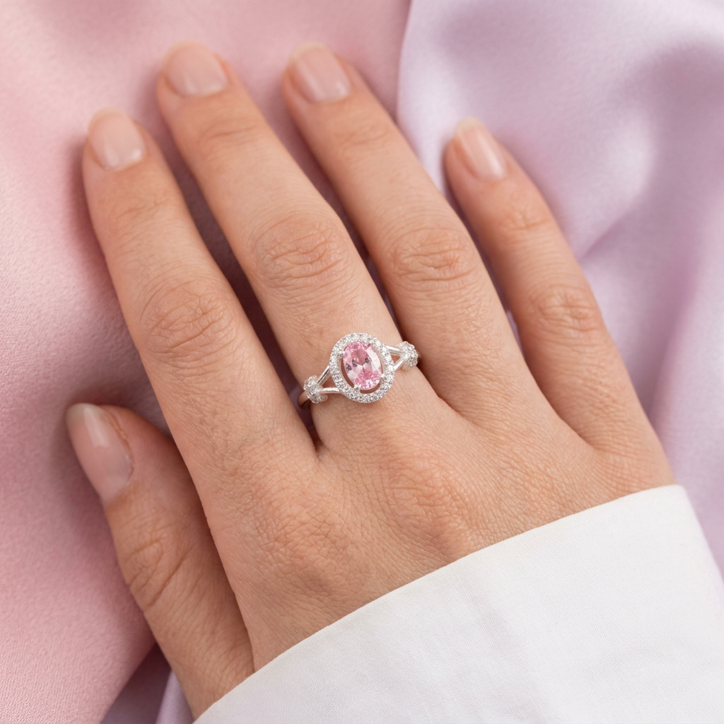 Anillo de Plata .925 con Diseño Oval y Zirconia Color Rosa Pastel mod. 3111