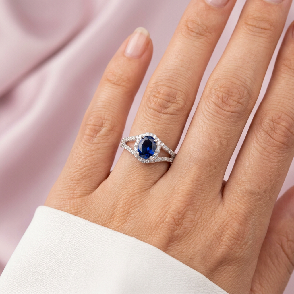 Anillo de Plata .925 Doble Linea y Zirconia Color Zafiro Oval mod. 2923