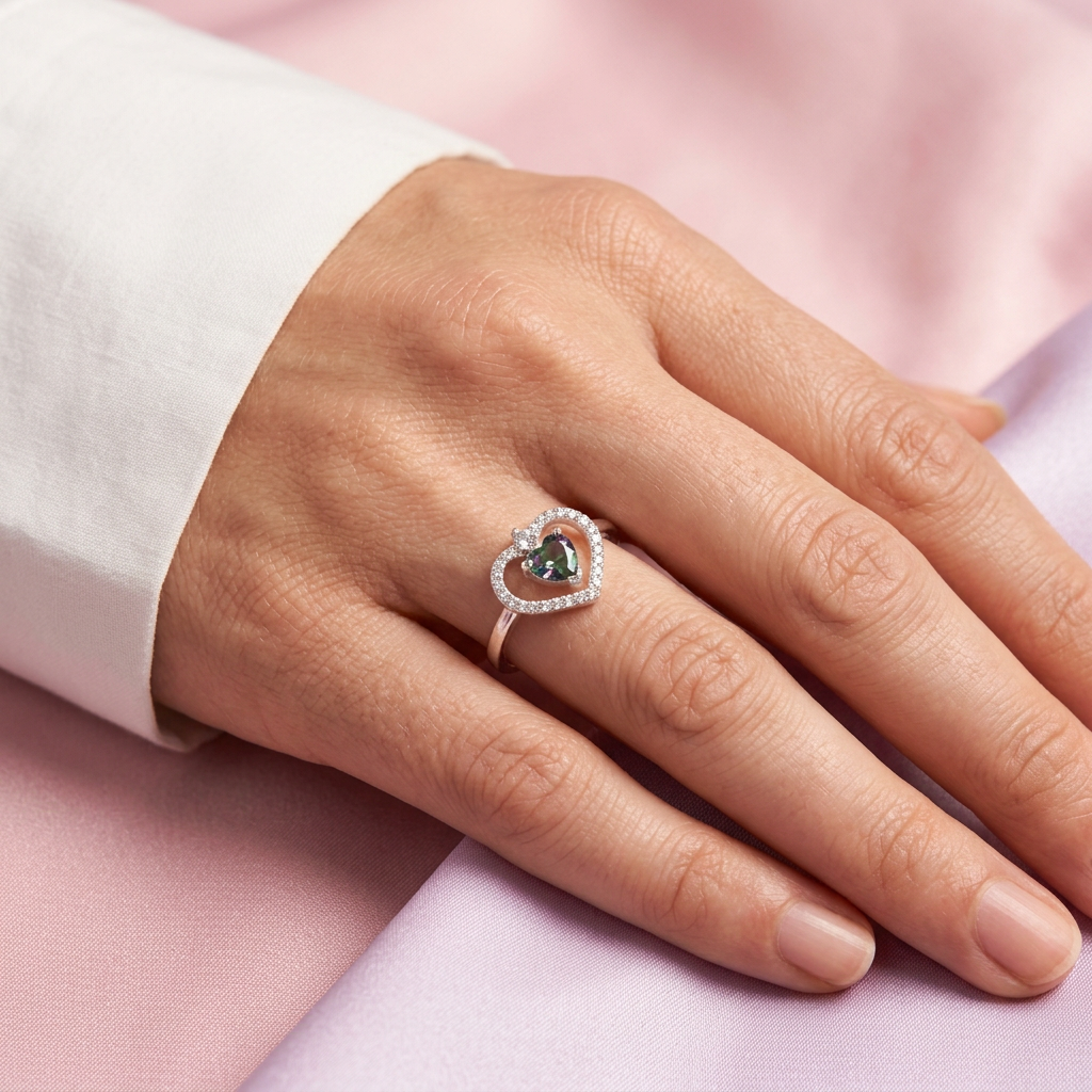 Anillo de Plata .925  Corazón Calado con Incrustación de Zirconia Color Topacio Místico  mod. 3135