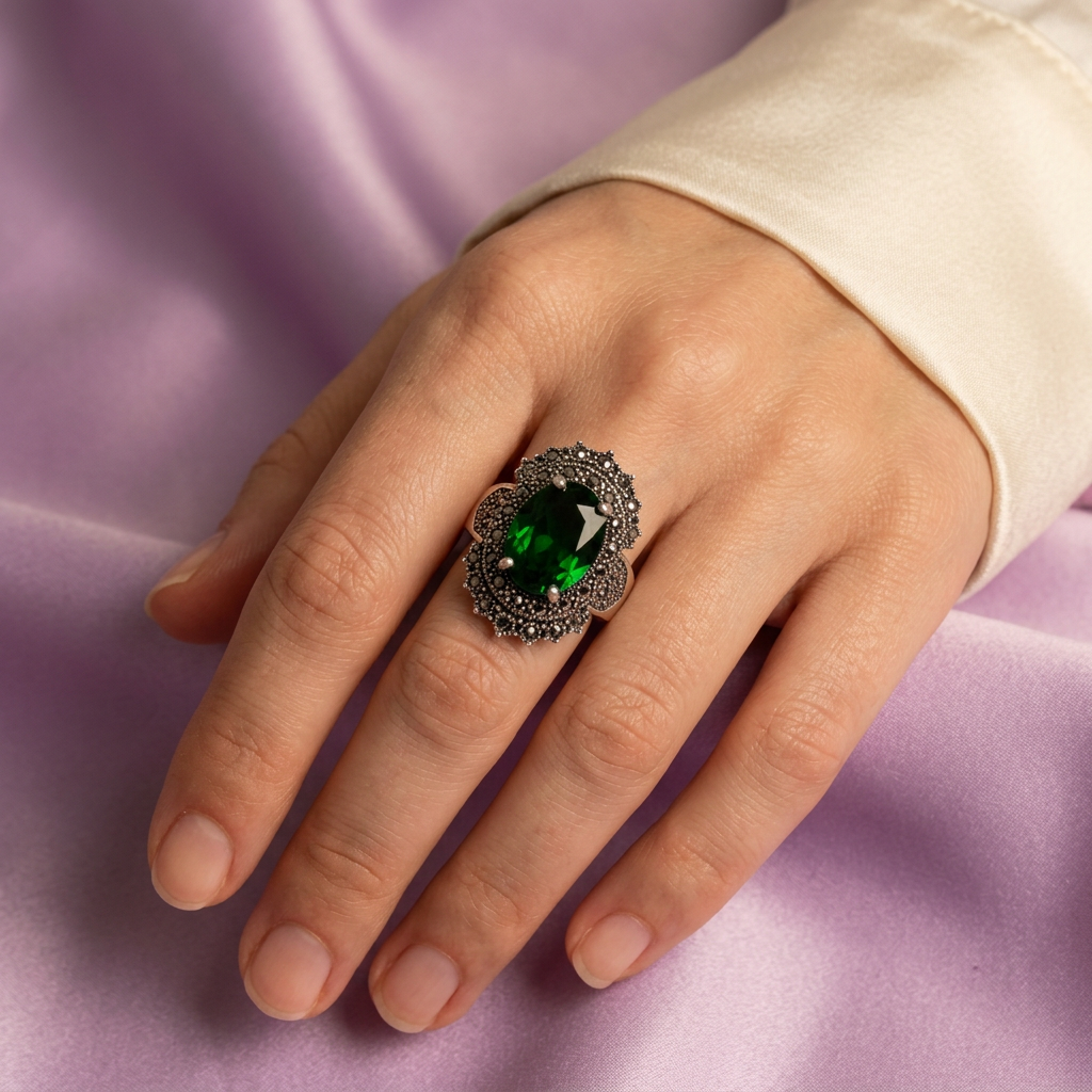 Anillo de Plata .925. Gran Arreglo de Marquesitas con Zirconia Verde mod. 2258