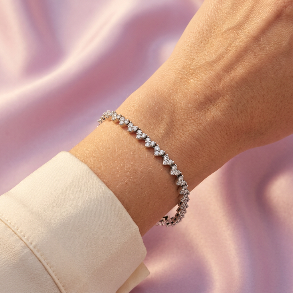 Pulsera de Plata .925 Tejido Corazón de 3 Zirconias mod. 3077