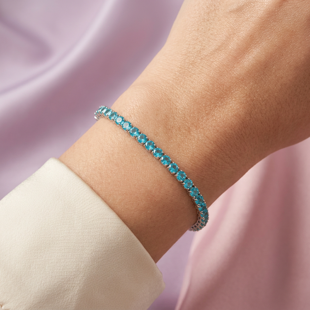 Pulsera de Plata .925 Tejido Tenis Diseño Brillante con Zirconias Color Aqua mod. 2379