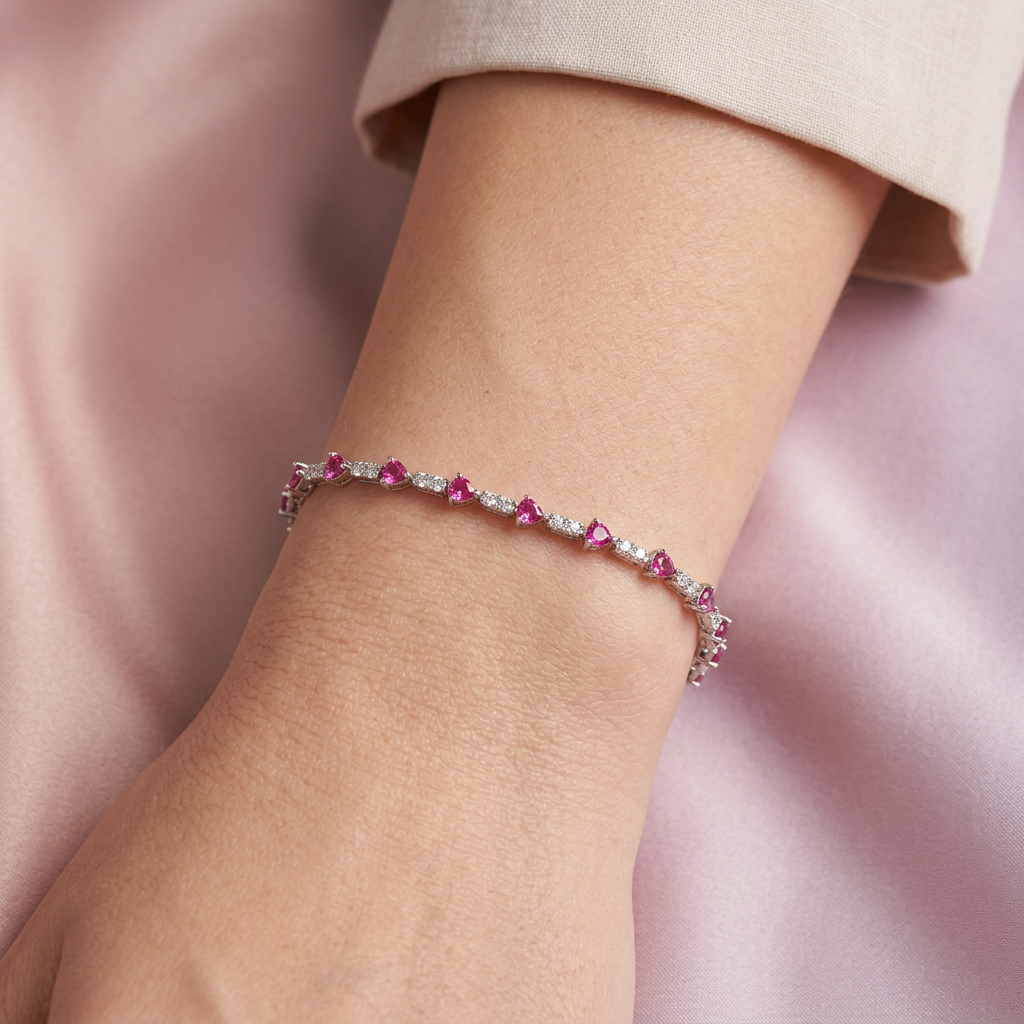Pulsera de Plata .925 Tejido Tenis con Zirconias de Corazón Rojo mod. 2371