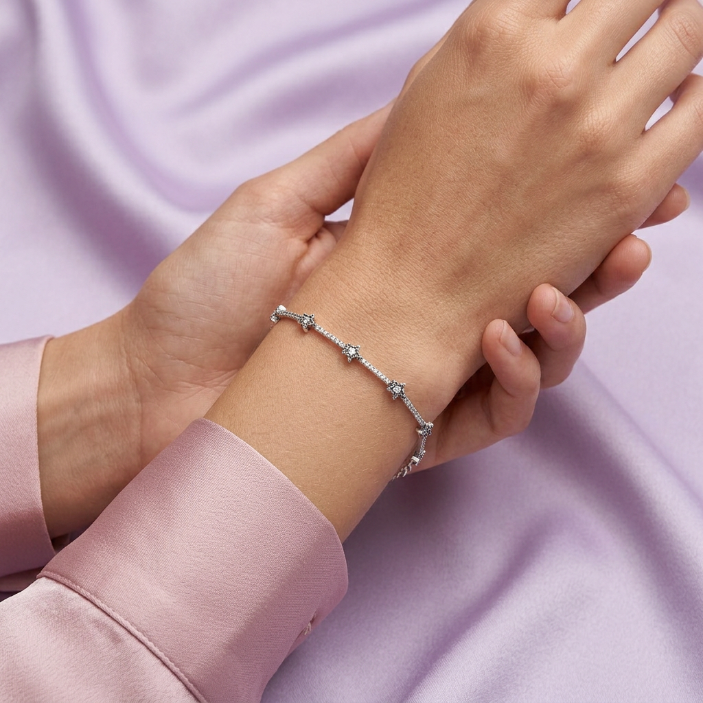 Pulsera de Plata .925 Tejido de Estrella Fugaz Incrutada con Zirconias mod. 3084