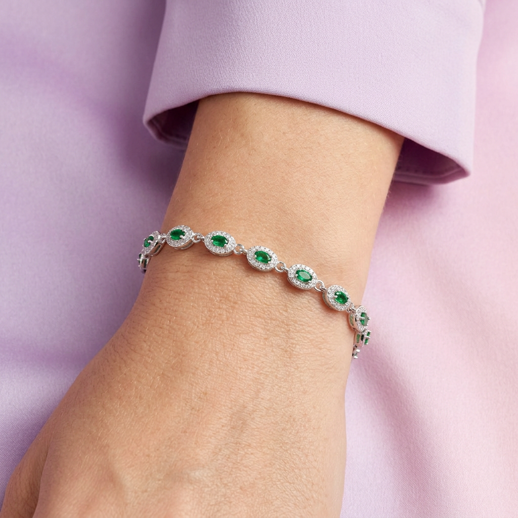 Pulsera de Plata .925 de Ovalos con Incrustación de Zirconias Verdes mod. 3048
