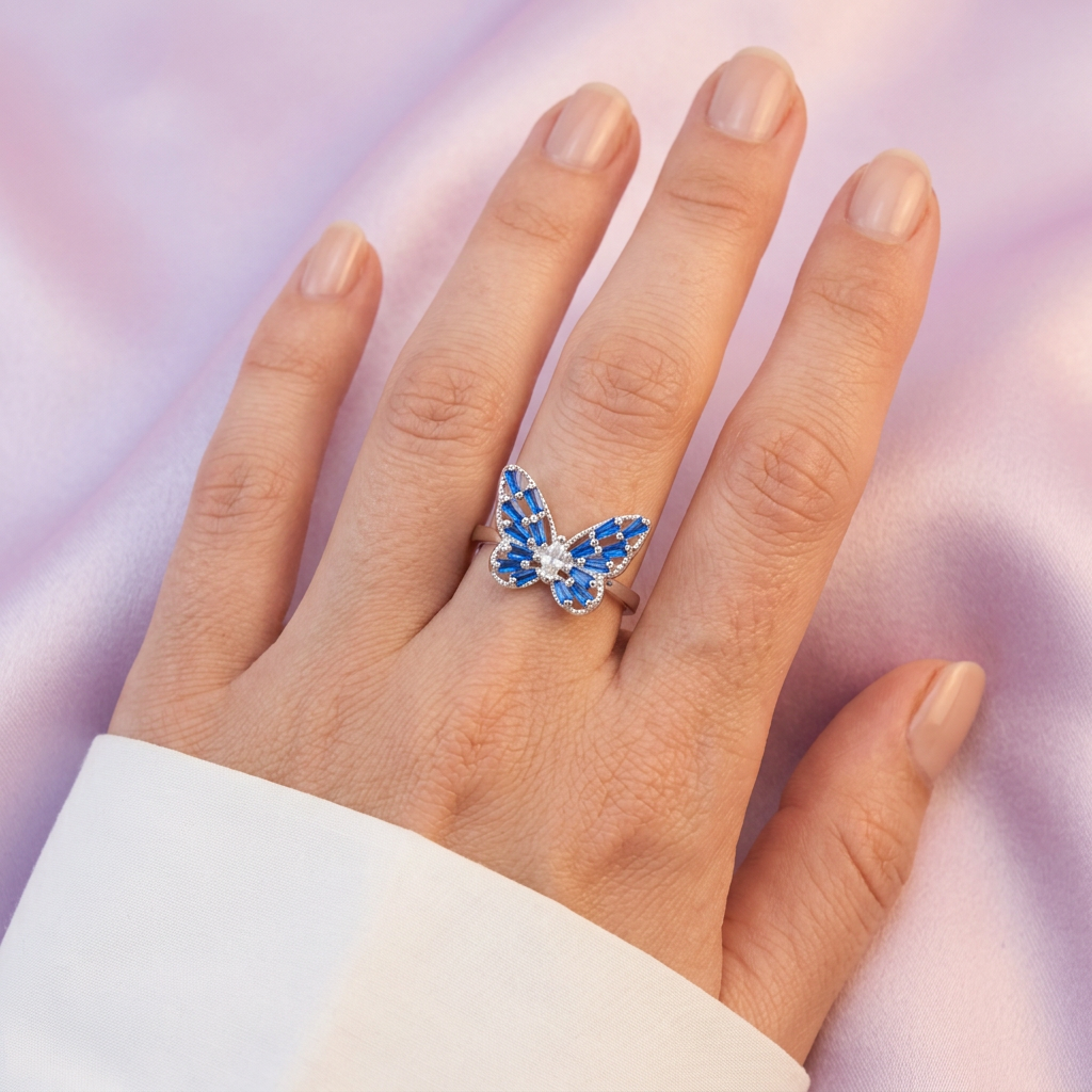 Anillo de Plata .925 Diseño de Mariposa con Zirconia Azul mod. 2791