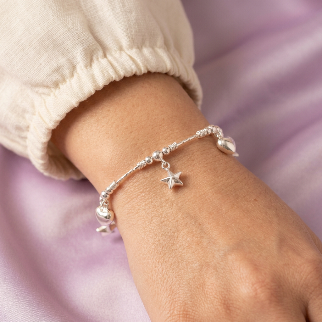 Pulsera de Plata .925 de Tejido Especial con Dijes de Corazón y Estrella mod. 2863