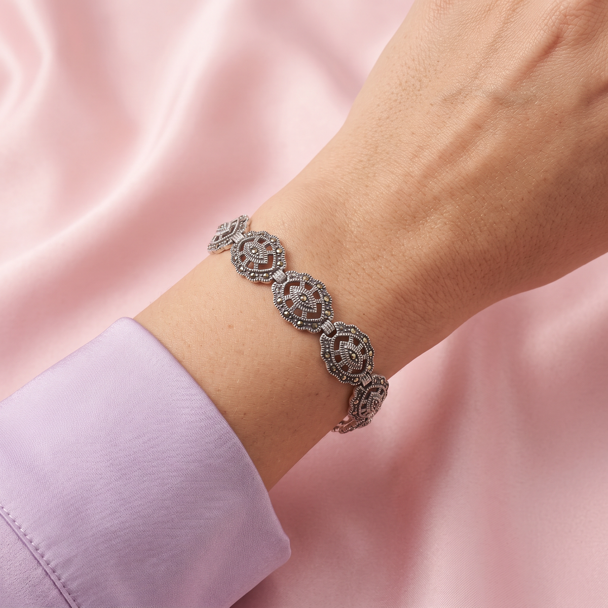 Pulsera de Plata .925 Diseño de Eslabones Rígidos Elegantes Incrustados con Marquesitas mod. 3160