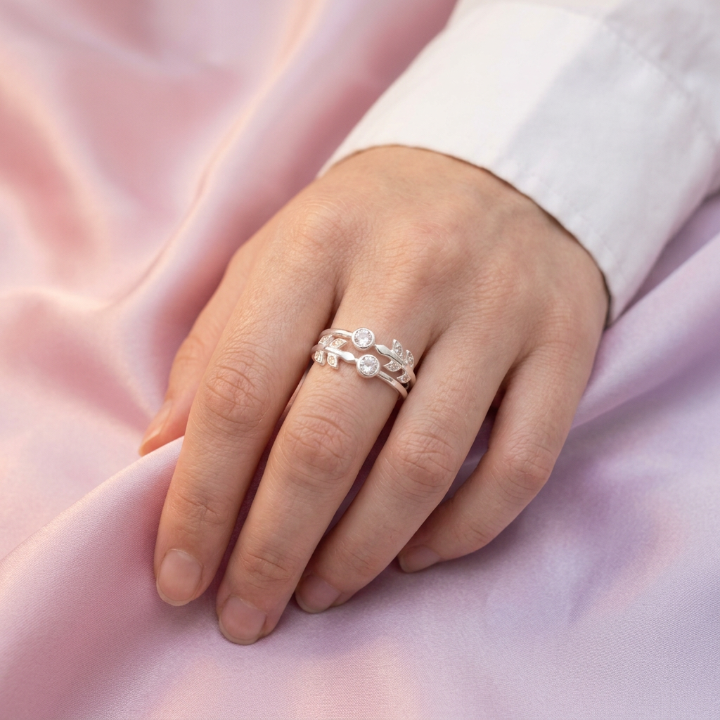 Anillo de Plata .925  con Diseño de Doble Línea con Hojas de Zirconia Blanca mod. 3120