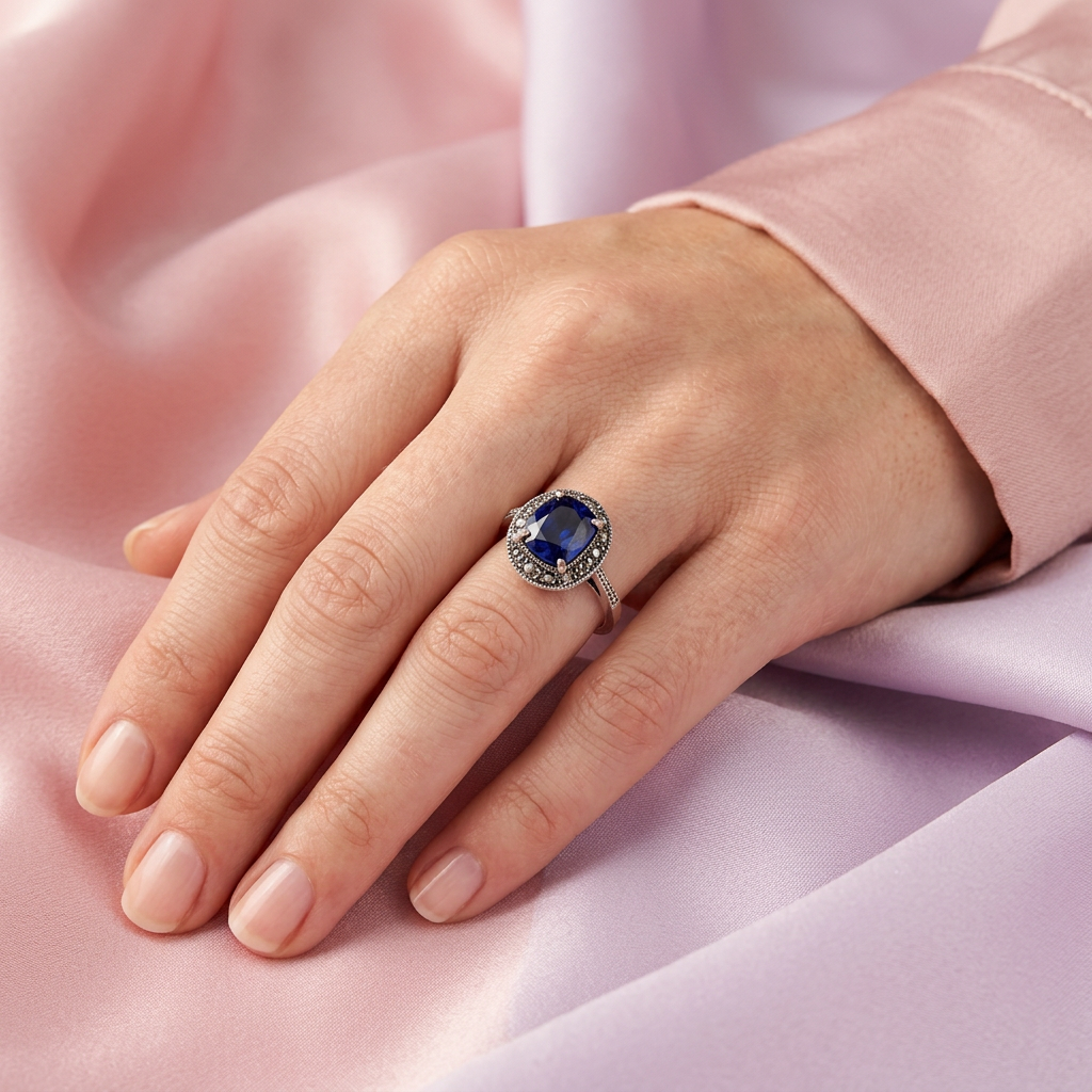 Anillo de Plata .925 Centro Zirconia Azul con Decorado de Marquesitas mod. 2254
