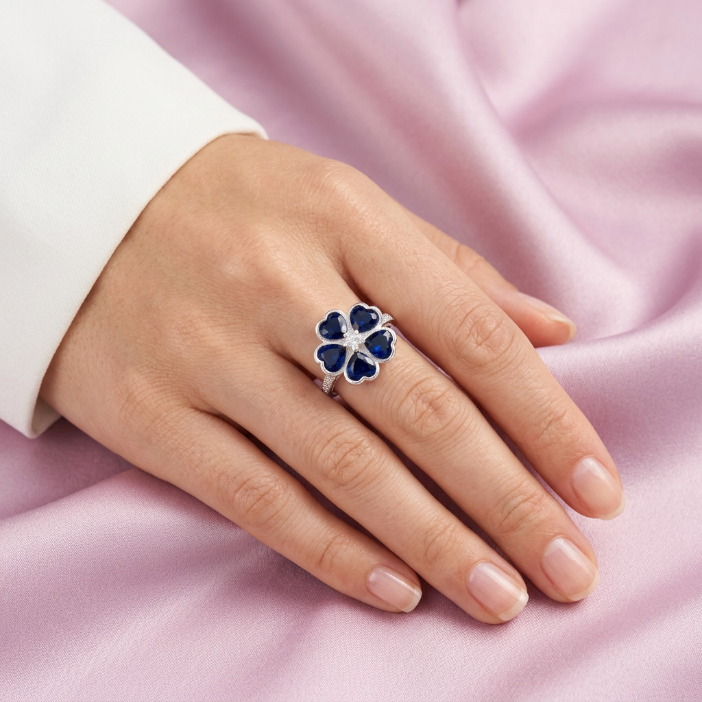 Anillo de Plata .9025 Diseño de Flor de Trebol con Zirconia Azul mod. 2794