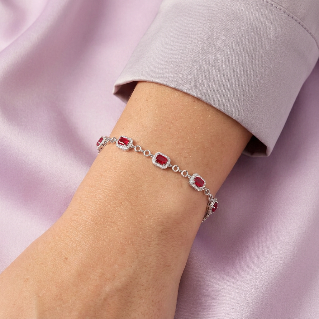 Pulsera de Plata .925 Diseño Elegante Tejido de Cuadros con Zirconias de Color Rojo Rubí mod. 3088